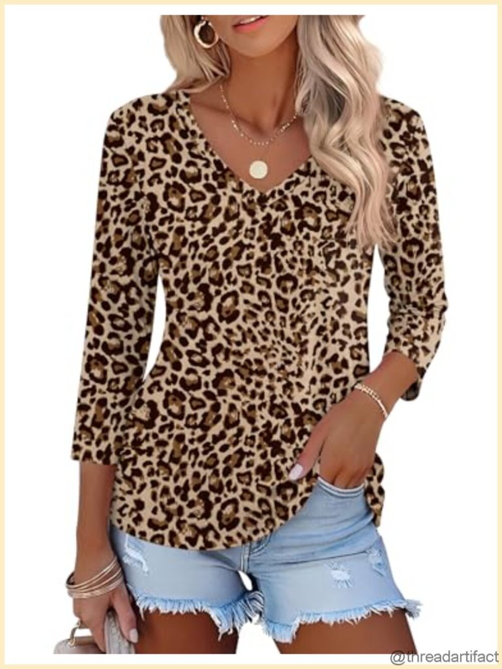 LOMON V Neck 3/4 Sleeve Tunic Blouse Dressy Casual Summer Top
